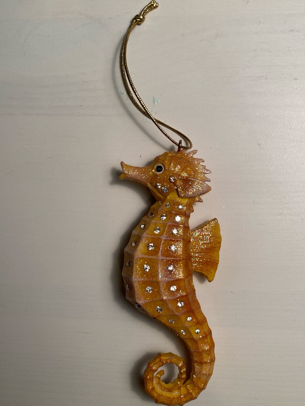 Golden Orange Glitter & Crystals Seahorse Hand Painted Christmas Tree Ornament